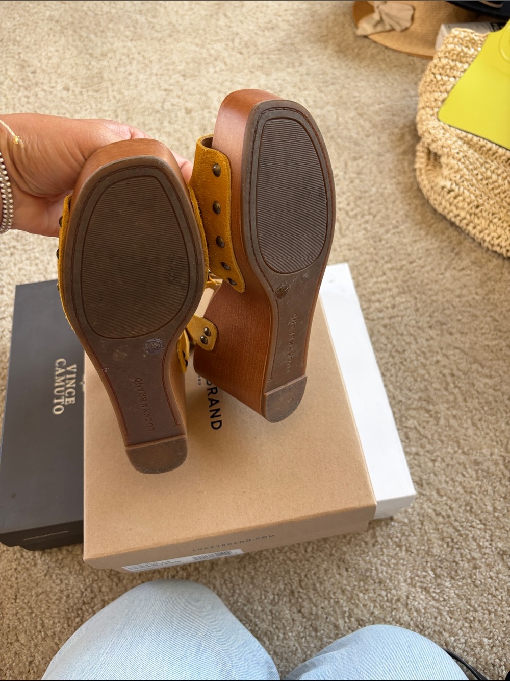 Lucky Brand Mustard Yellow Suede Wedge Sandals - Picture 3 of 4
